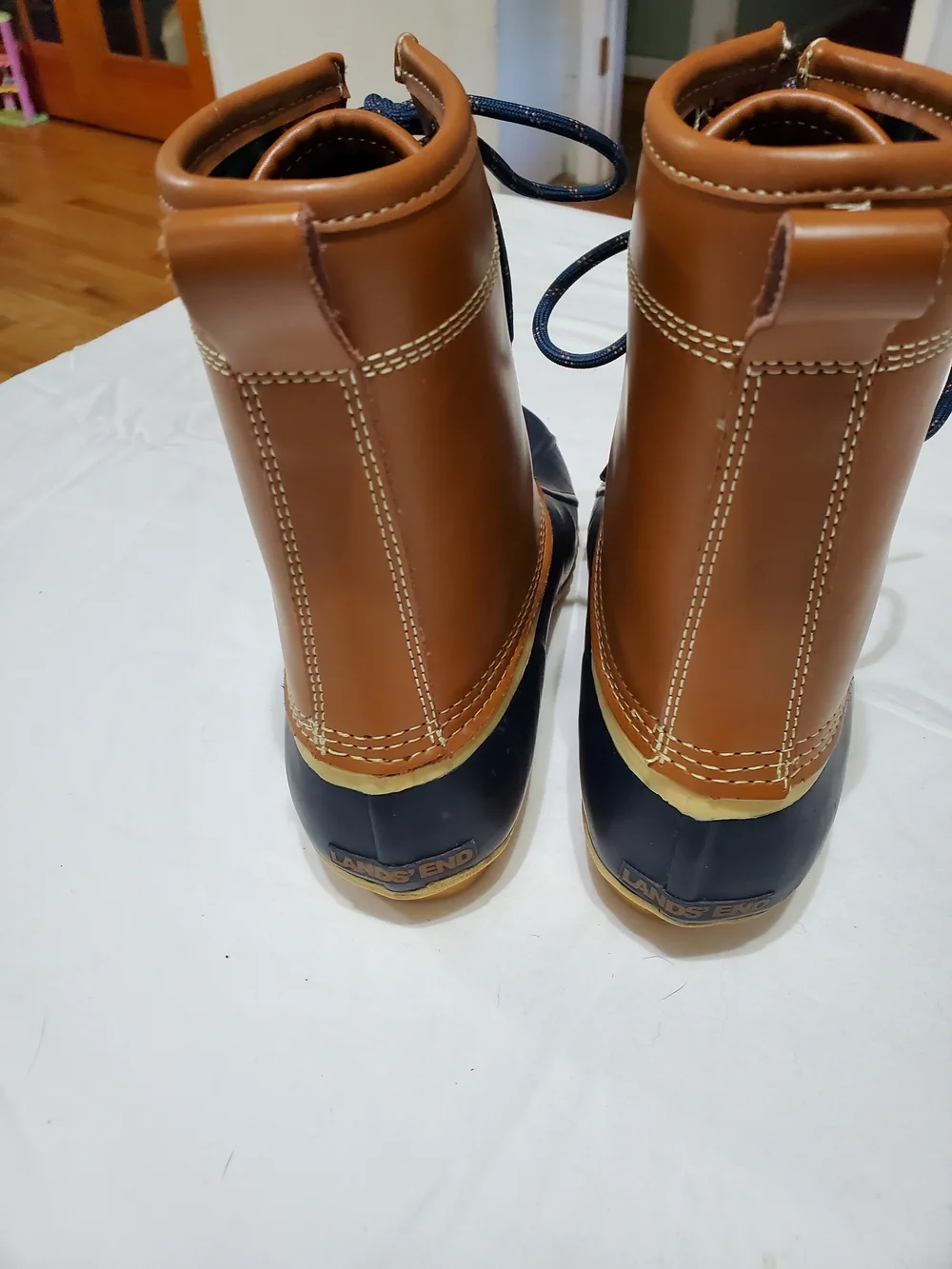 Lands End Duck Boots Womens 7.5 Waterproof Rain Boots Brown Navy Lace Up Classic - Picture 4 of 4